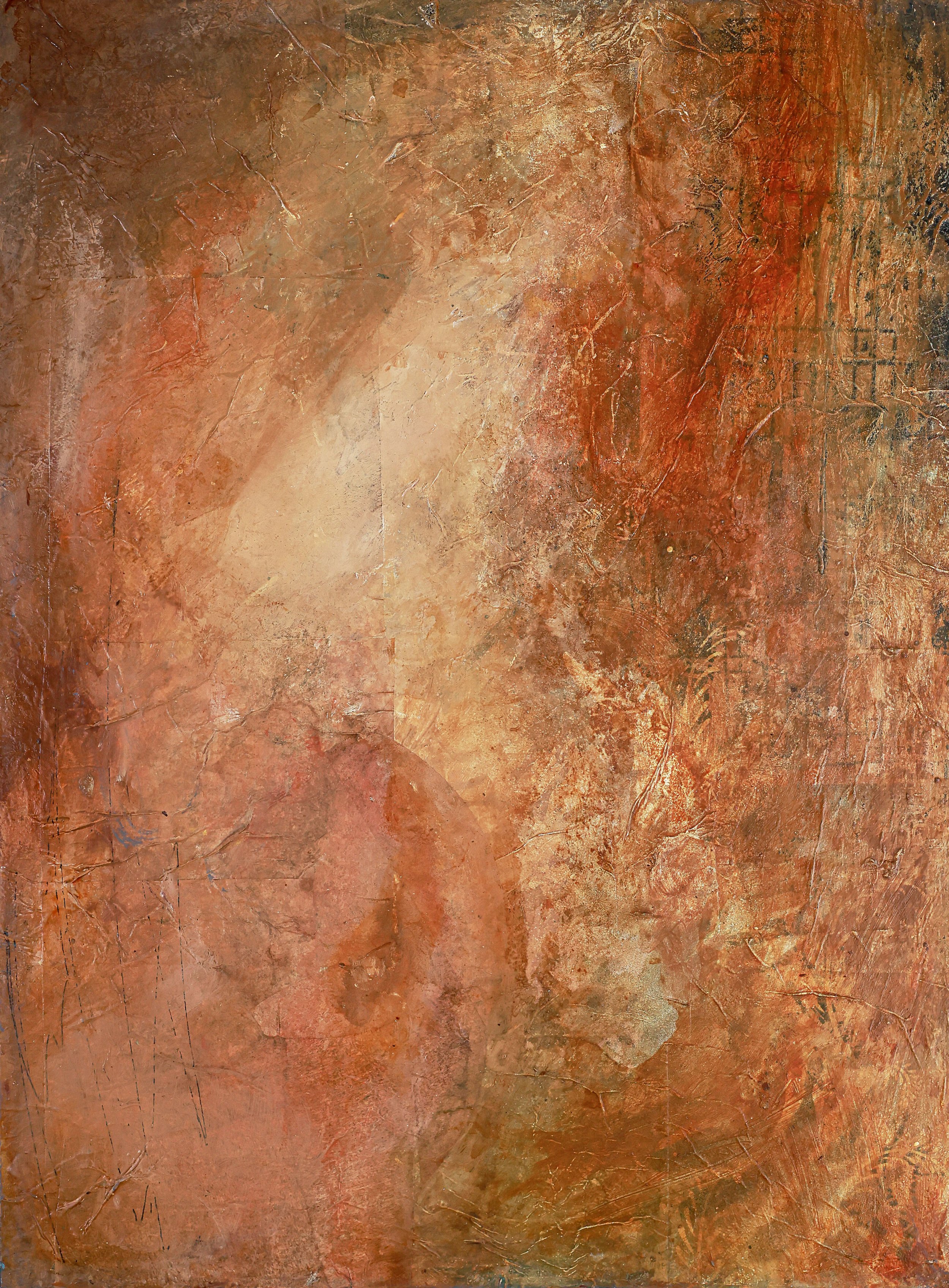 First Light, 2026 - framed/overall size 19"W x 25"H x 2"D on wood panel.  One of the first places attitude crept into calm - amber catching light in small, deliberate sections.  A grid holds quietly beneath the surface, and ferns barely break though 