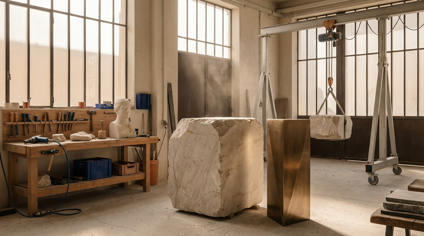 An artist's workshop with large stone sculptures and tools, illuminated by natural light through large windows.