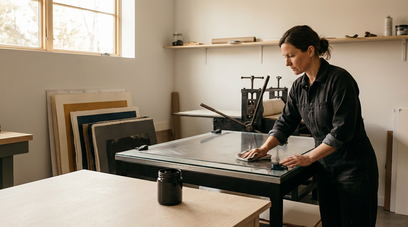 Woman in black coveralls cleaning a large glass surface in a studio or workshop with art supplies and framed artwork leaning against the wall.