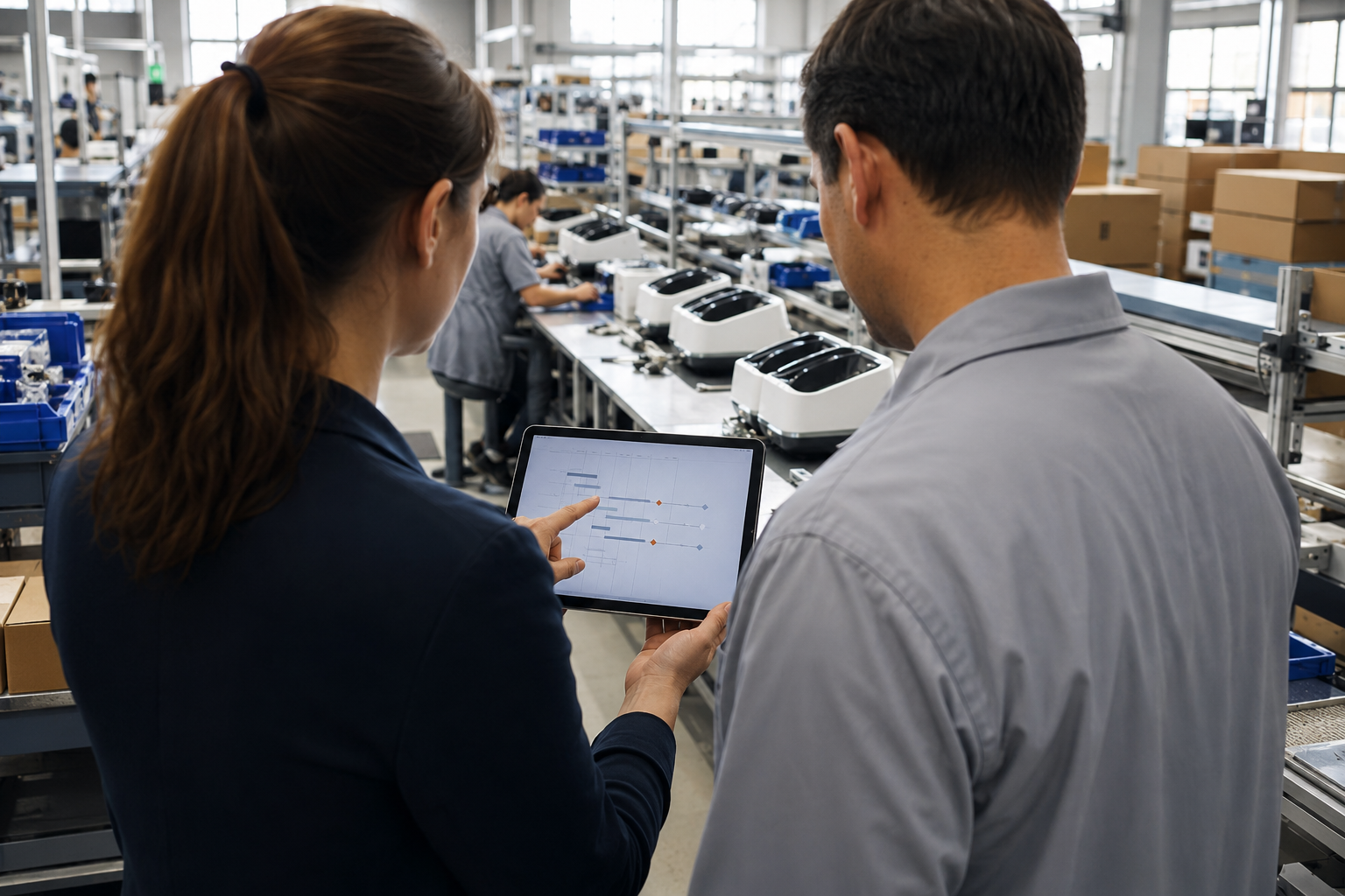 Two workers in an electronics manufacturing facility reviewing a chart on a tablet, with assembly lines and workers in the background.