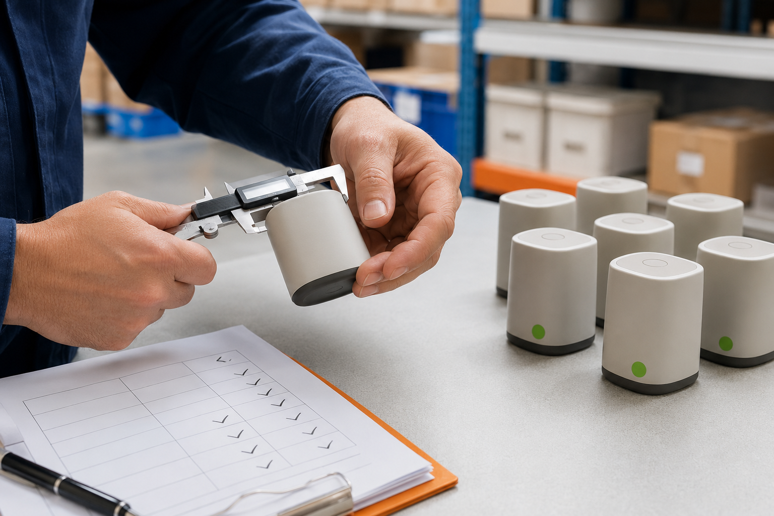 Person using a caliper to measure a white device on a workbench with multiple similar devices and a checklist on paper.