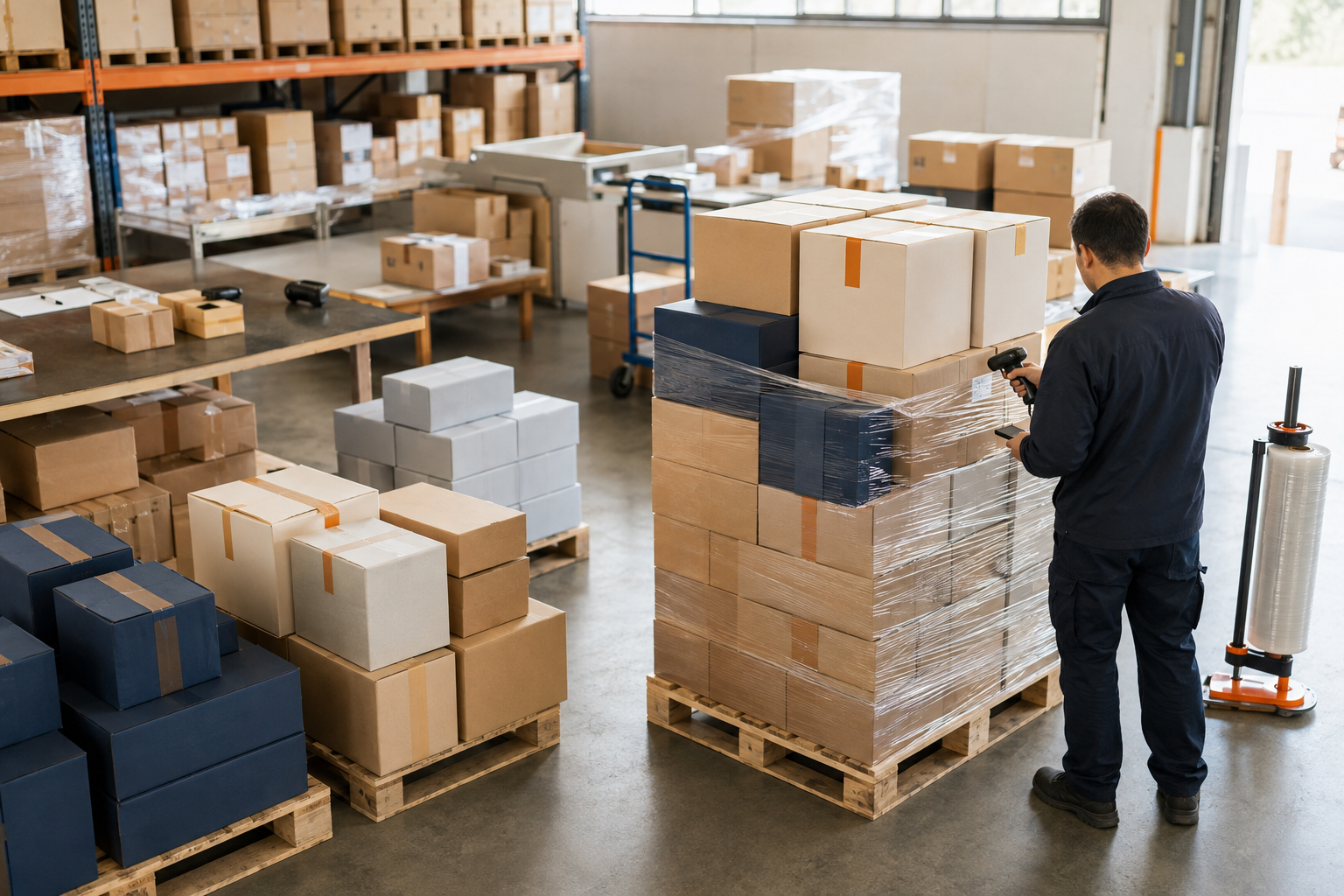 A worker in a warehouse wrapping boxes on a pallet with plastic film.