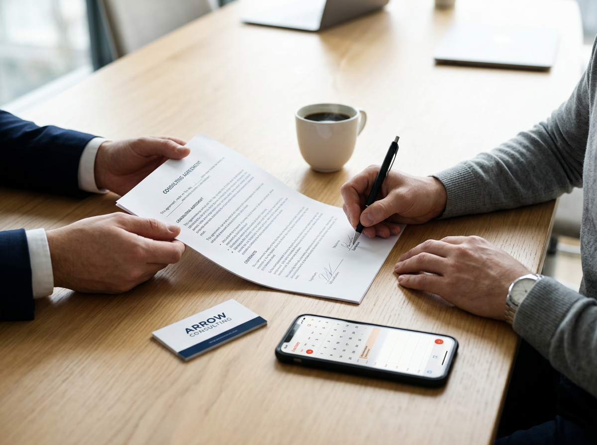 Two people sitting at a wooden table during a business meeting, exchanging and signing documents, with a cup of coffee, a smartphone calendar, and business cards on the table.