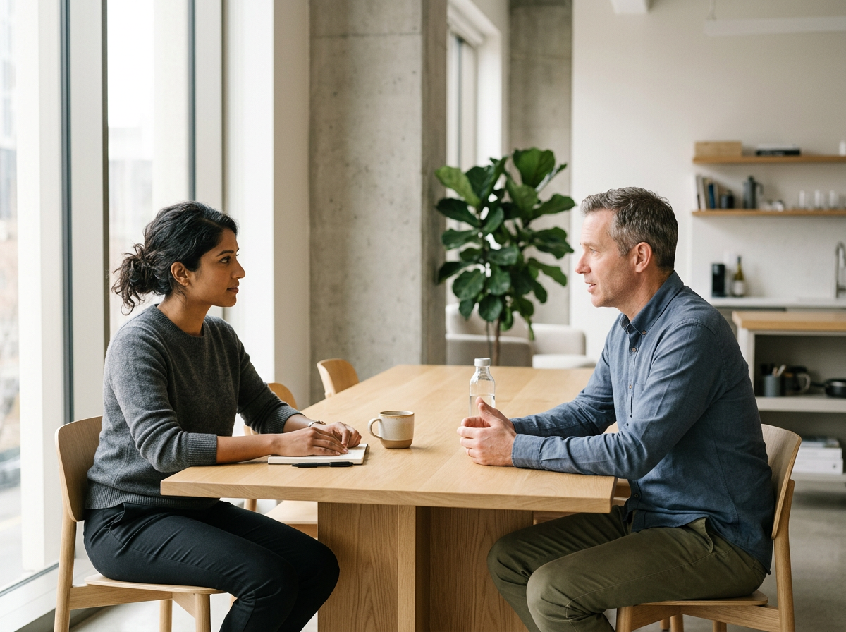 A woman and a man having a discussion at a wooden table in a modern, bright room with large windows and a plant in the background.