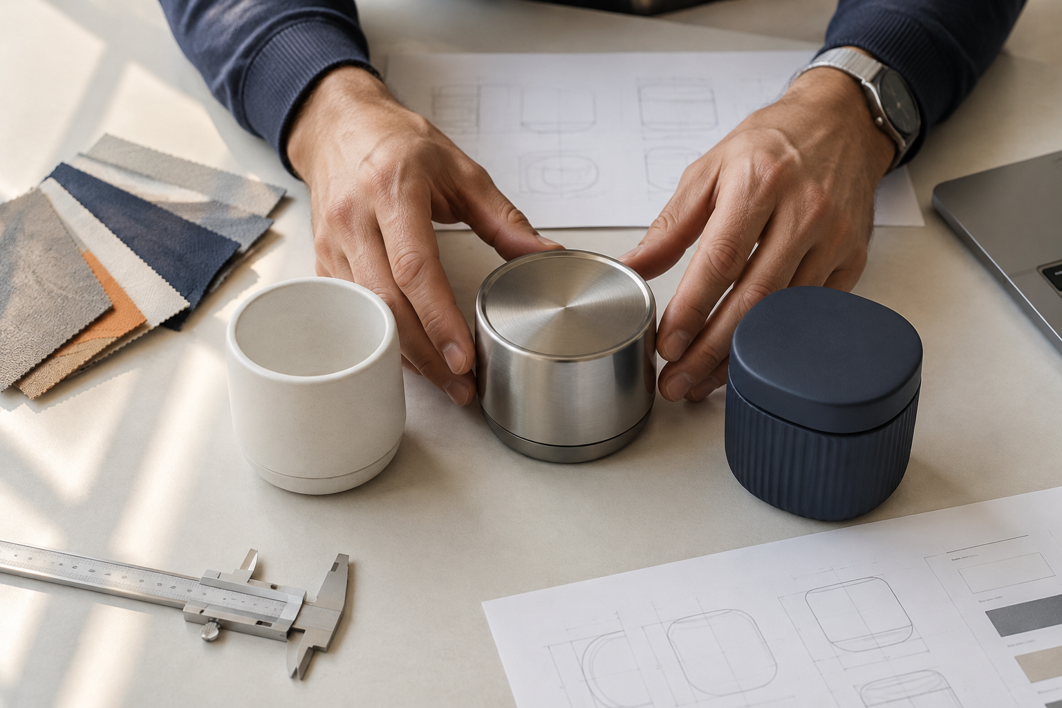 A person is designing or choosing color samples and material finishes for a project, with fabric swatches, color swatches, and design sketches on the table.