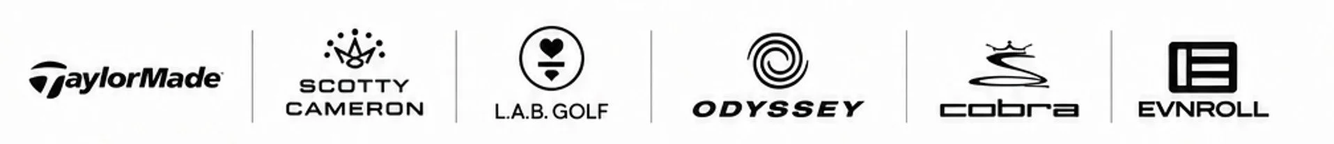 Logos of golf equipment brands including TaylorMade, Scotty Cameron, L.A.B. Golf, Odyssey, Cobra, and EVNROLL.