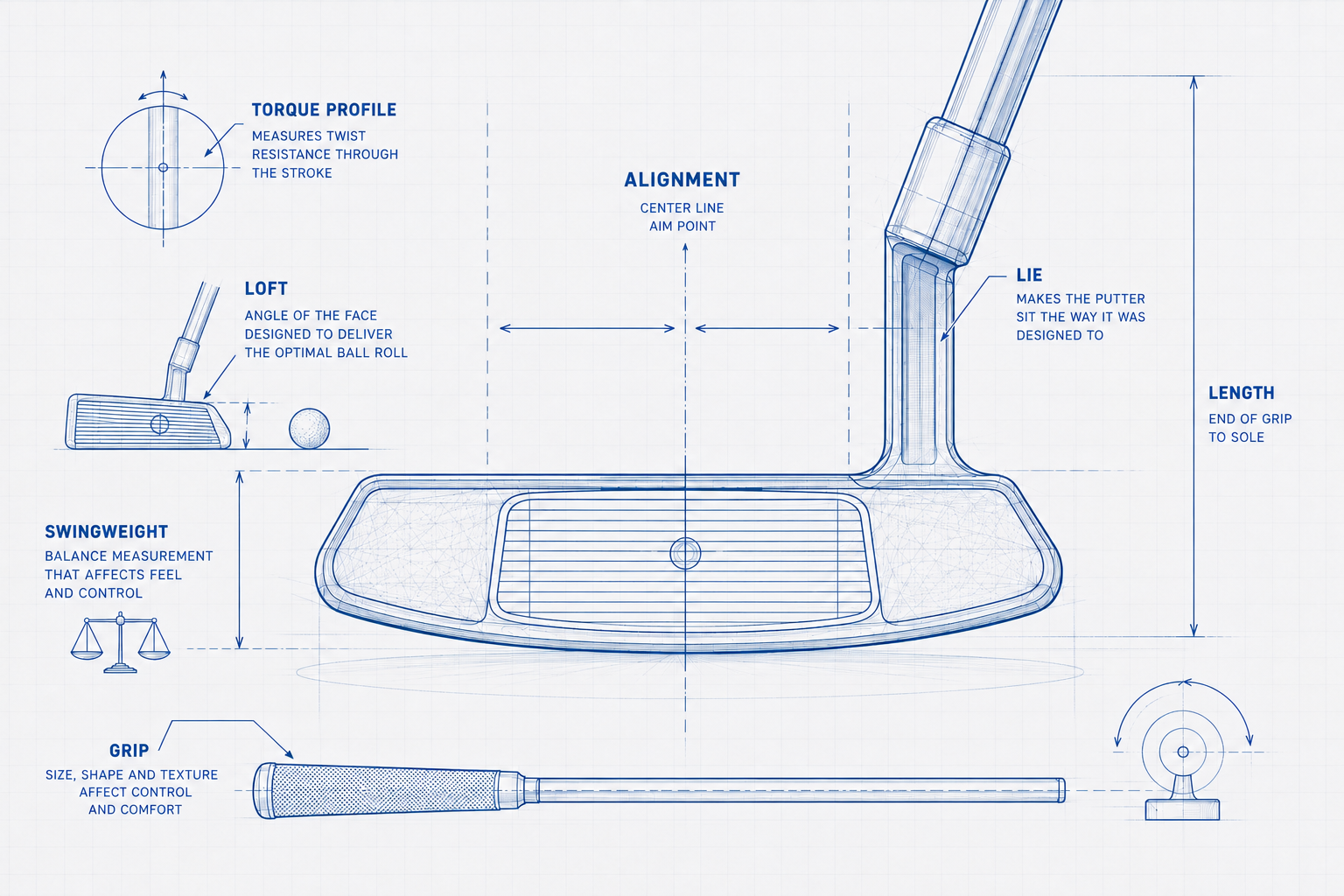 Blueprint diagram of a golf club, showing various labeled parts including torque profile, loft, swing weight, grip, alignment, lie, length, and a putter head, with descriptions of each component's function.