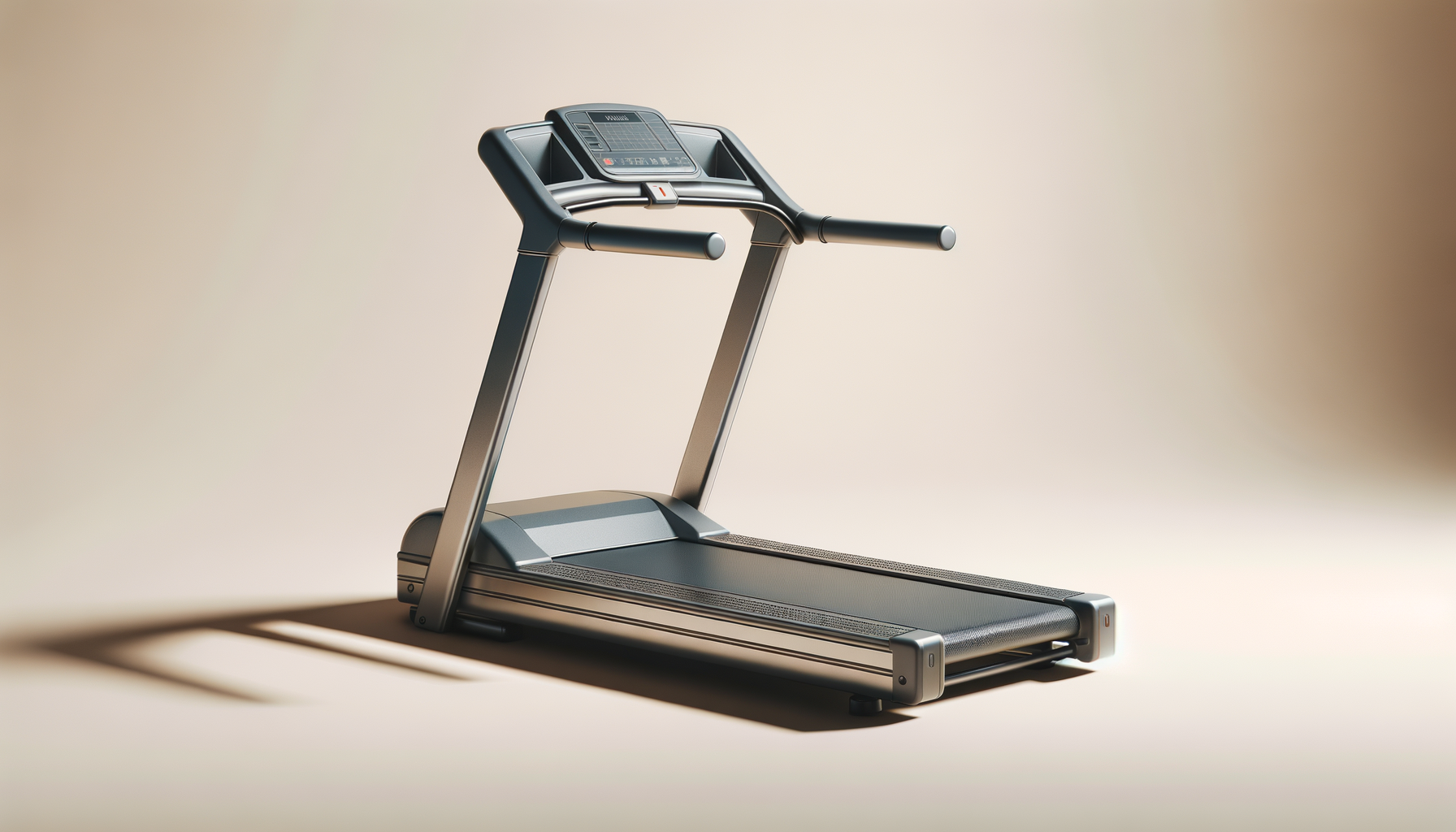 A modern treadmill with digital display and handrails, set against a neutral background.