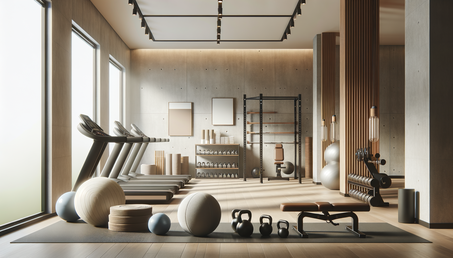 A modern gym with treadmills, exercise balls, kettlebells, dumbbells, resistance bands, and workout equipment, with large windows and minimalist decor.