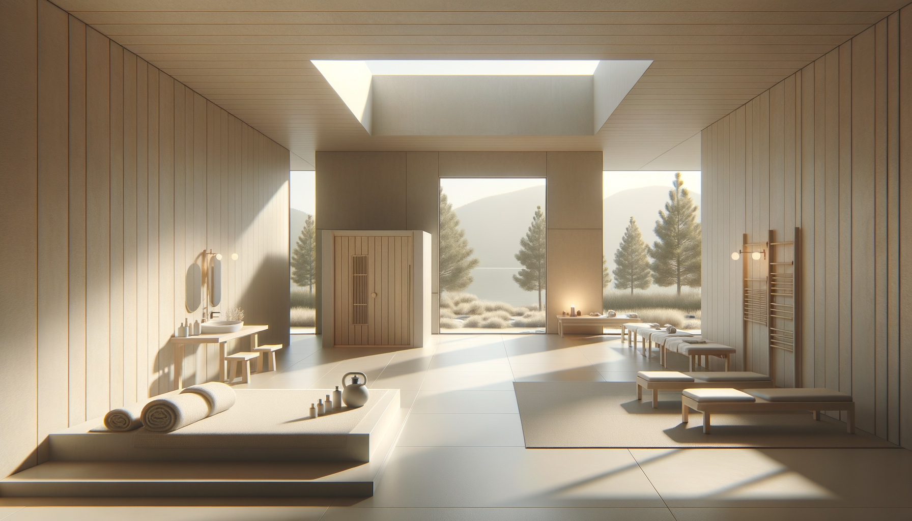 Minimalist spa room with wooden walls and large windows showing an outdoor landscape with trees and mountains; contains a shower, benches, towels, and spa essentials.