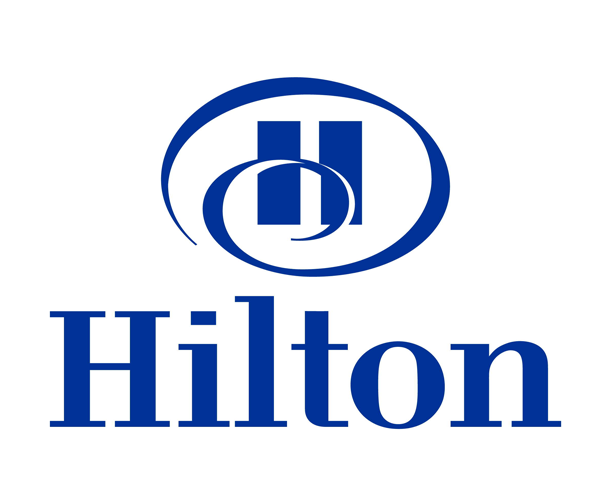 Hilton logo with stylized blue emblem and the word 'Hilton' in blue text