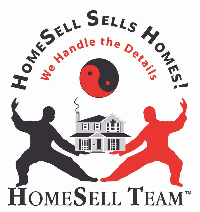 Logo for HomeSell Team with the slogan "We Handle the Details" and a yin-yang symbol. The logo features two martial artists, one black and one red, holding a house between them.