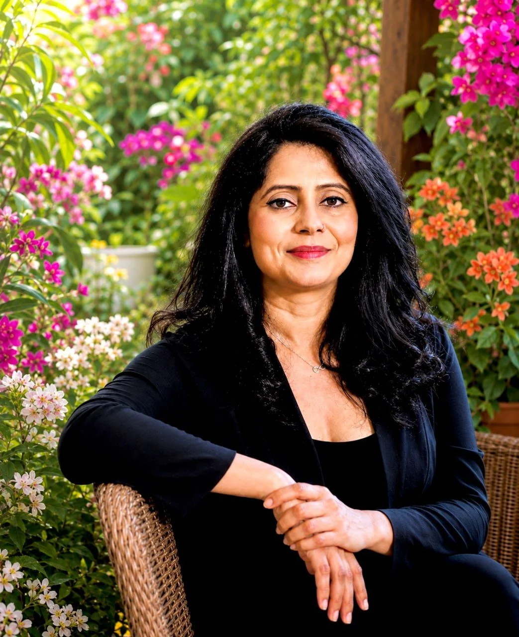 A woman with black curly hair sitting outdoors among colorful flowers in a garden.