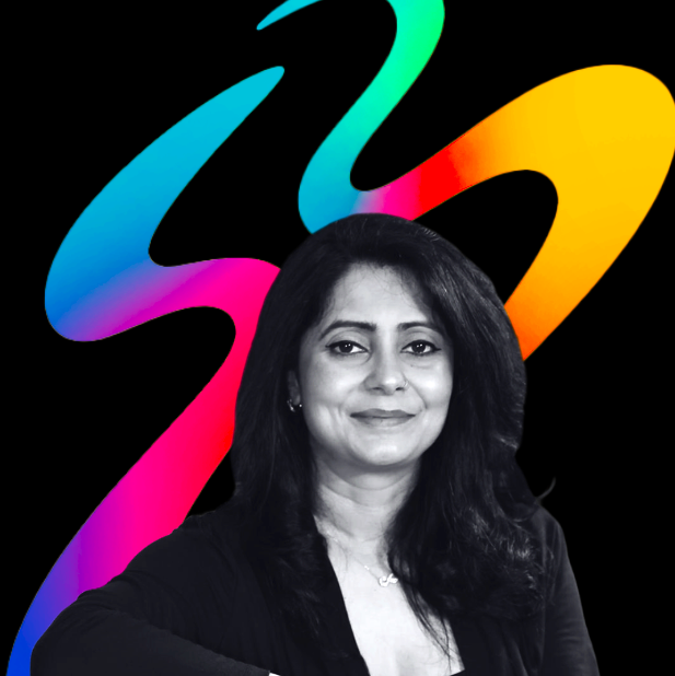 Black and white portrait of a woman with long dark hair, smiling, with a colorful abstract background.