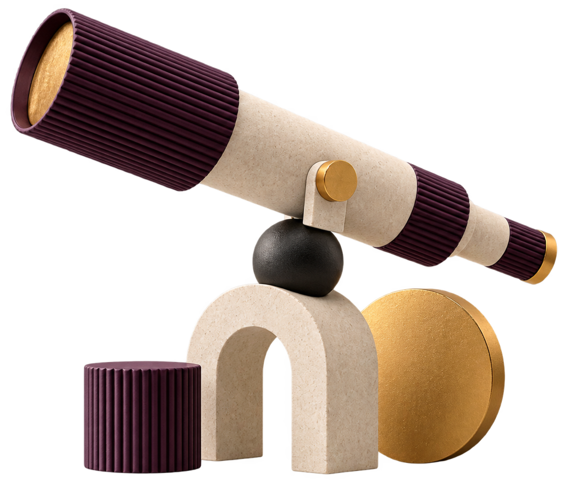 Abstract sculpture resembling a telescope, made of various geometric shapes and materials, including a large beige arch, cylindrical and spherical elements, with colors of cream, black, gold, and deep purple.