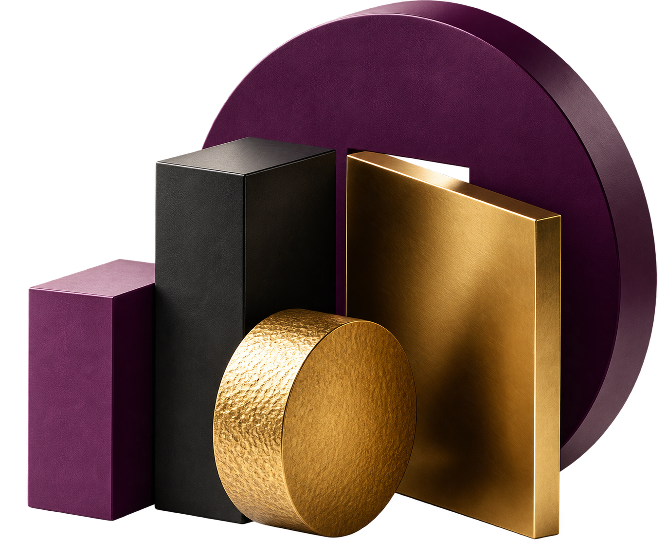 Decorative arrangement of geometric objects including a purple rectangular block, a black rectangular prism, a gold textured cylinder, a gold rectangular panel, and a purple circular backdrop.