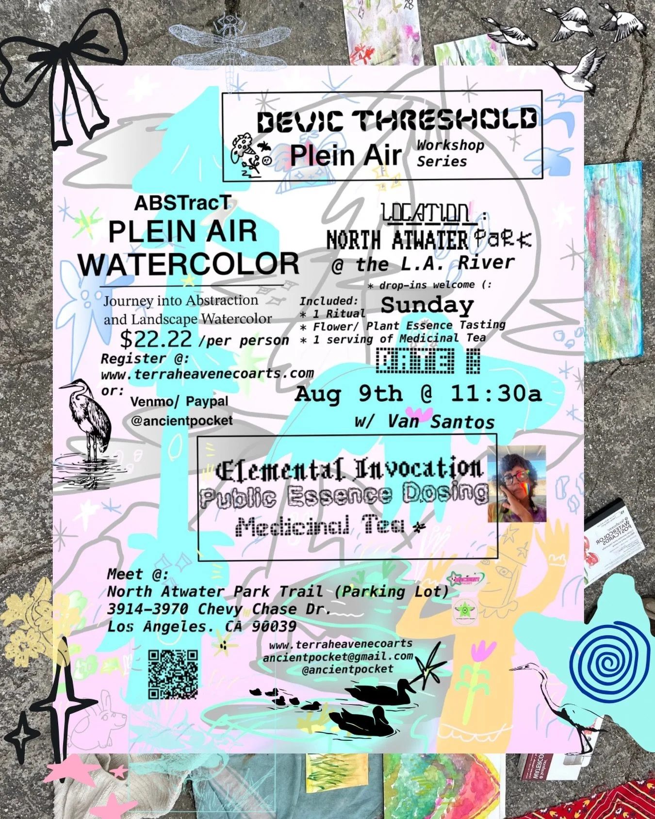💧 Sunday, August 9 &bull; 11:30 AM &bull; North Atwater Park
Join us along the L.A. River for an immersive Abstract Plein Air Watercolor workshop!!!
We begin with a brief sound meditation before settling into watercolor, observation and abstraction 