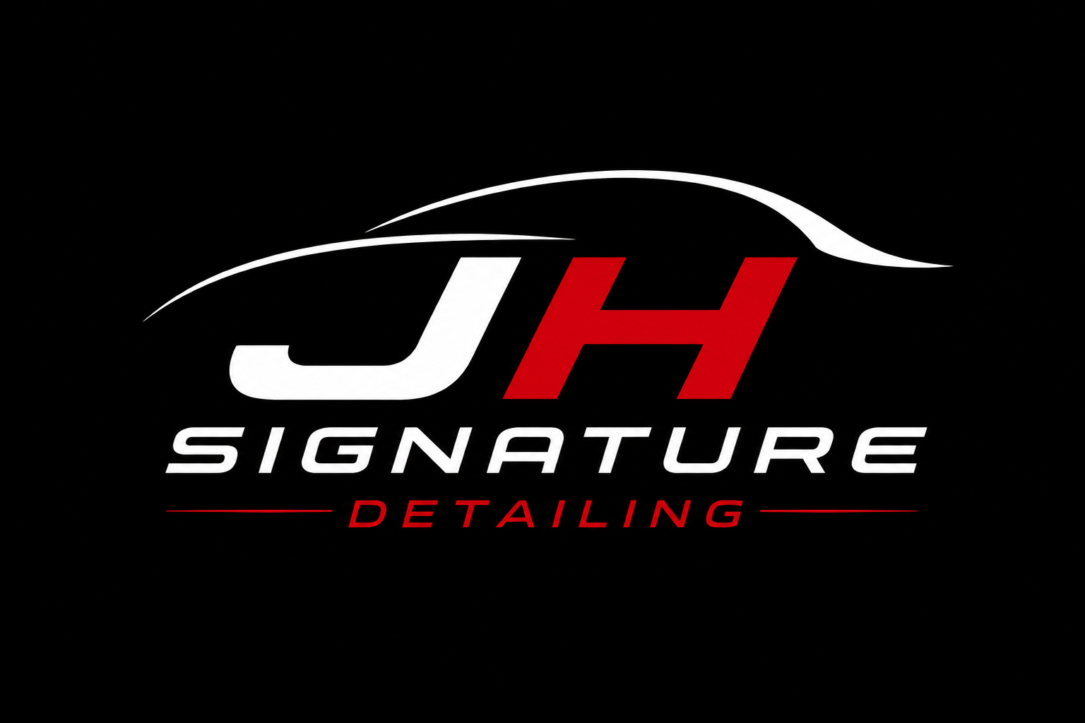 Auton muotokuva, jonka siluetti ja teksti 'JH Signature Detailing' mustalla taustalla.