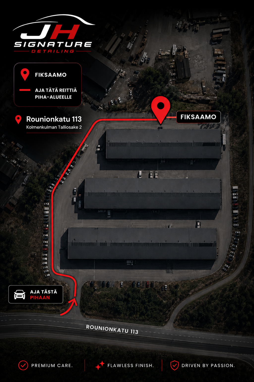 Ilmakuva, jossa on kartta JH Signature Detailing -liikkeen sijainnista, reittiohjeet ja pysäköintiopasteet Rounionkatu 113, Tampere, Finland.