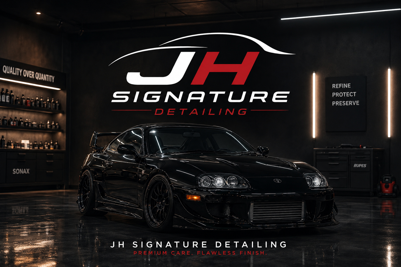 Mustavalkoinen urheiluauto sisätiloissa, taustalla JH Signature Detailing -logo ja teksti 'Premium Care, Flawless Finish'.