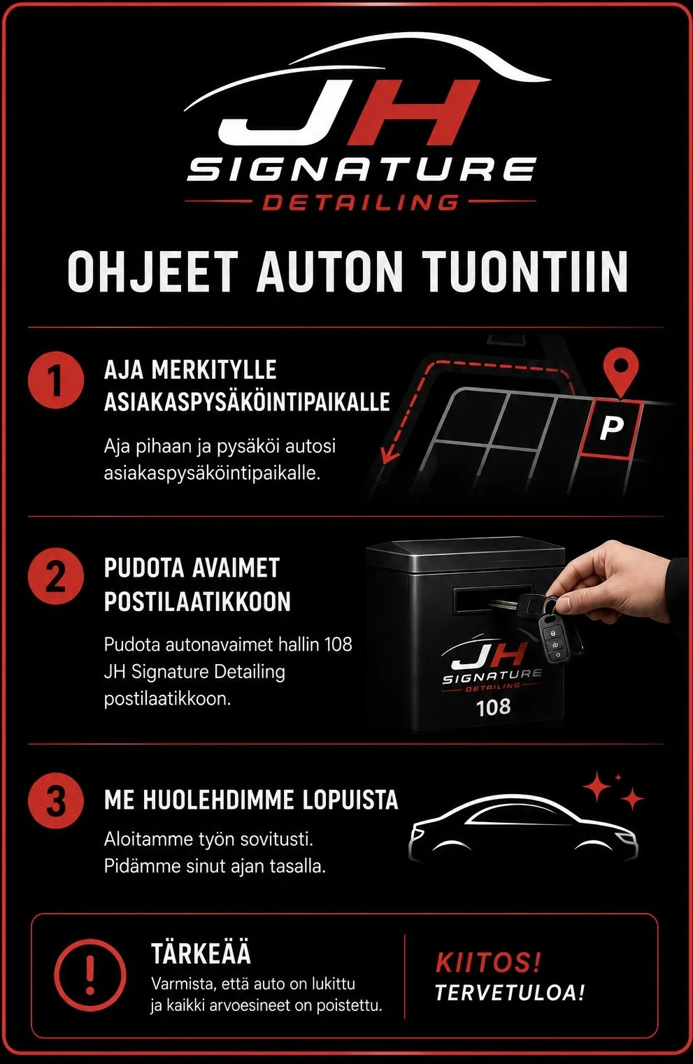 Infografiikka JH Signature Detailing -autonhoitopalvelusta, sisältää ohjeet auton pysäköintiin asiakkaan paikalle, avainten postilaatikkoon pudottamiseen ja huolenpitoa lopuksi.