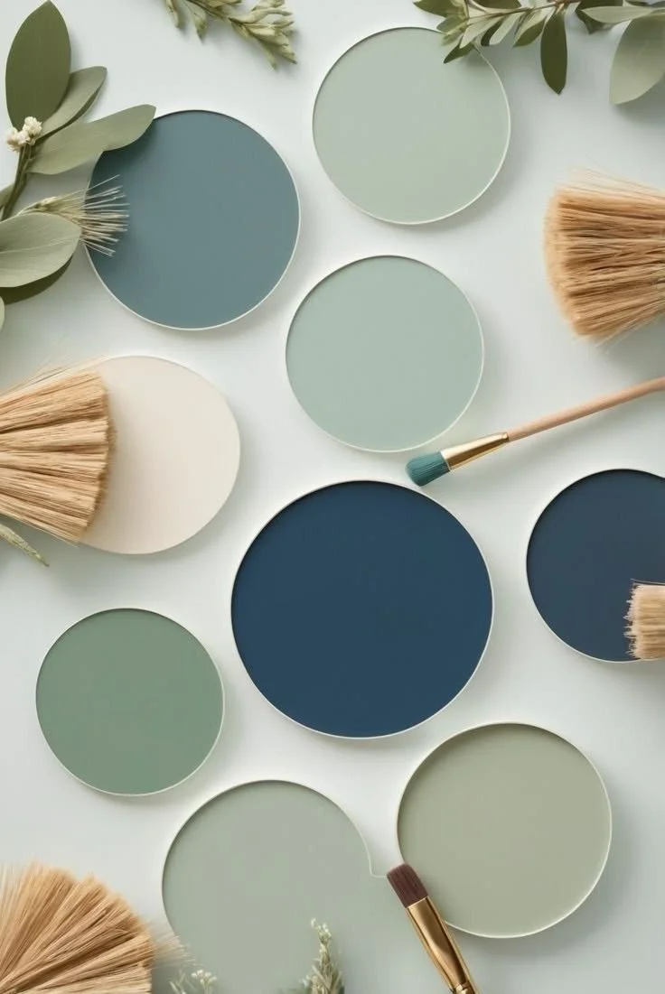 A flat lay of paint color samples, paintbrushes, and greenery on a white background.