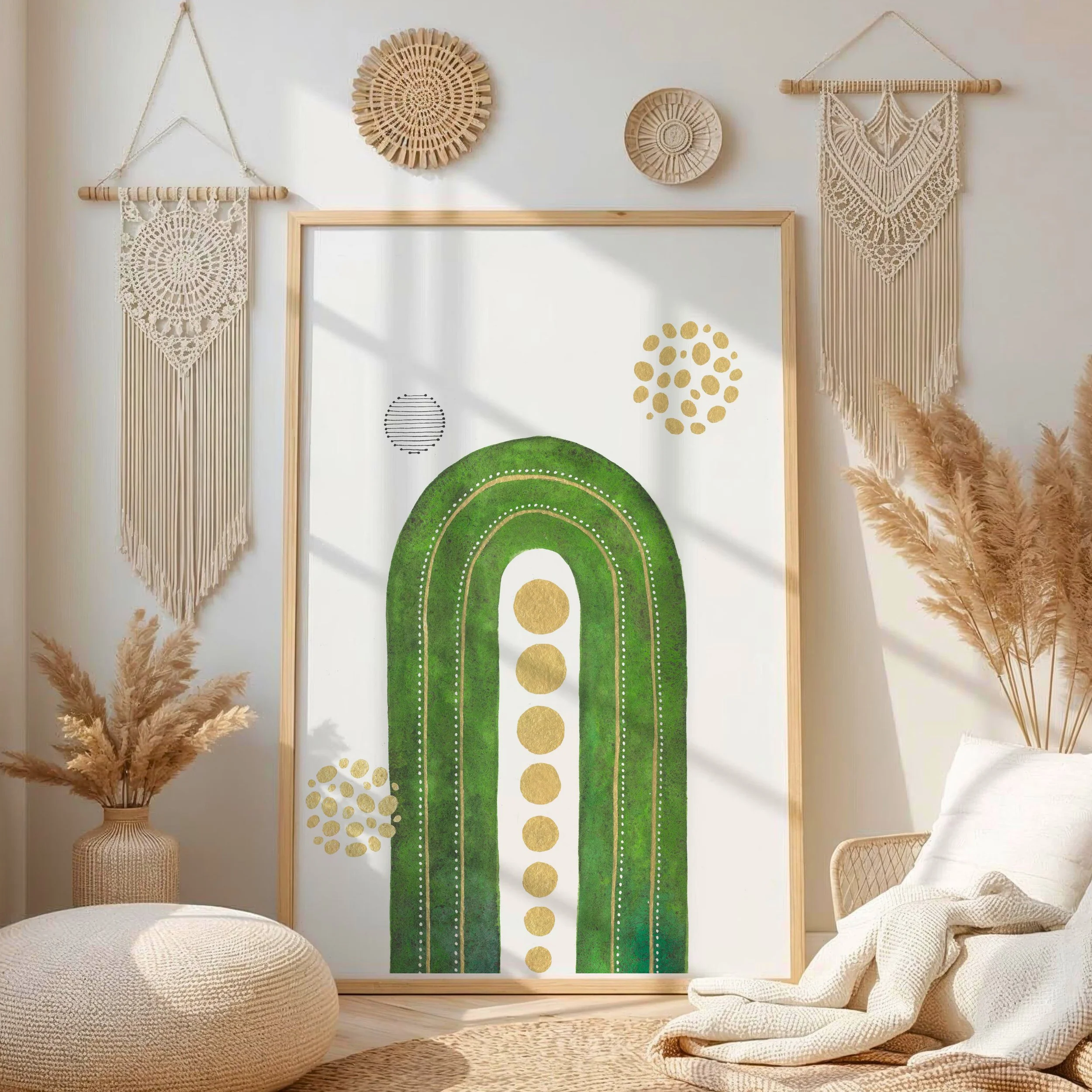 Decorative room with boho style wall hangings, including two macramé wall hangings on wooden rods, woven circular wall art, and a framed art piece with abstract gold dots. There is a tall beige woven vase with pampas grass on the left and a beige woven pouf and blanket on the floor.