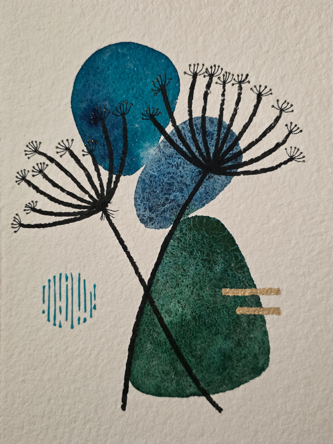 Abstract watercolor artwork featuring blue and green rounded shapes with black dandelion-like structures and lines.