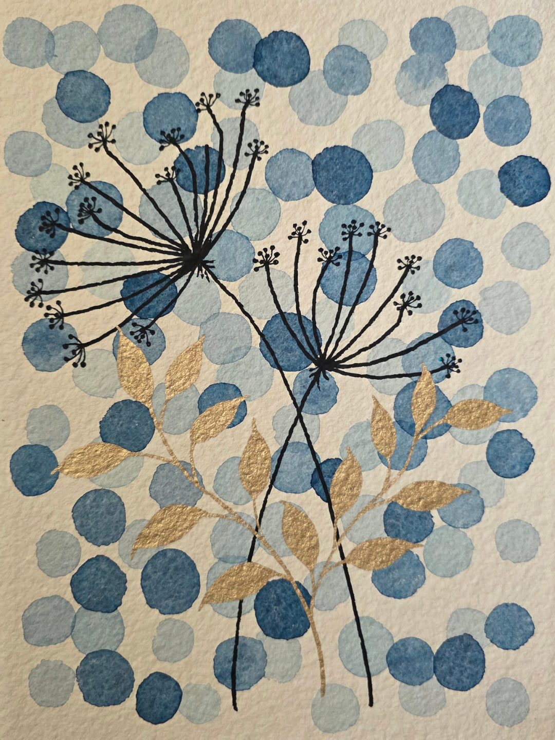 Watercolor painting of dandelion seeds with black outlines, gold leaves and a background of blue and gray watercolor circles.