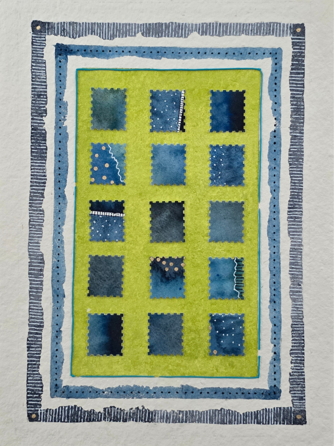 Watercolor painting of a geometric pattern with alternating dark and light blue squares on a lime green background, framed by a blue and white decorative border.