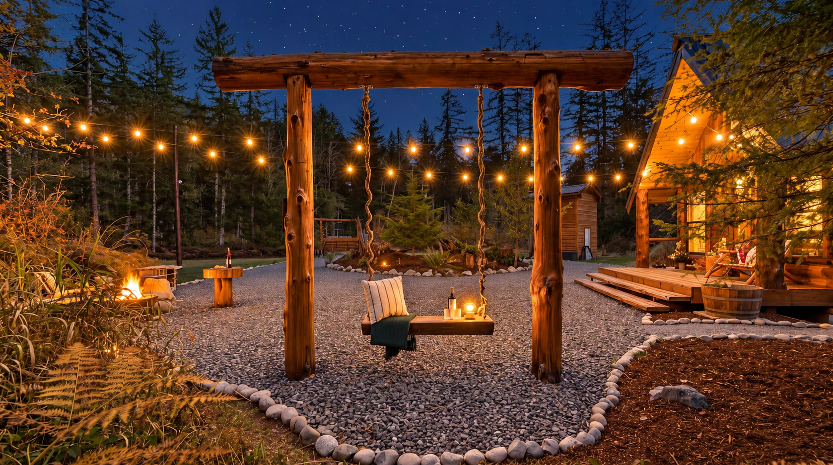 EverNest backyard at night featuring a wooden swing, glowing string lights, stone fire pit, and cozy forest cabin atmosphere.
