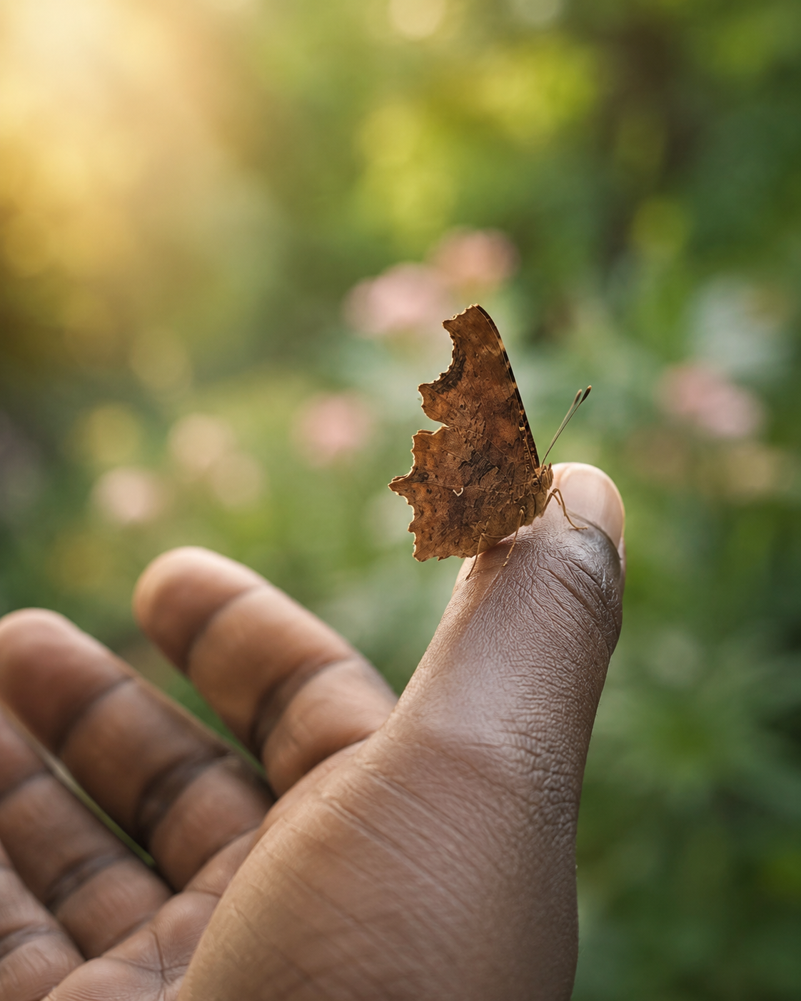 A person's hand with a butterfly perched on their finger, with a blurred green and pink floral background.