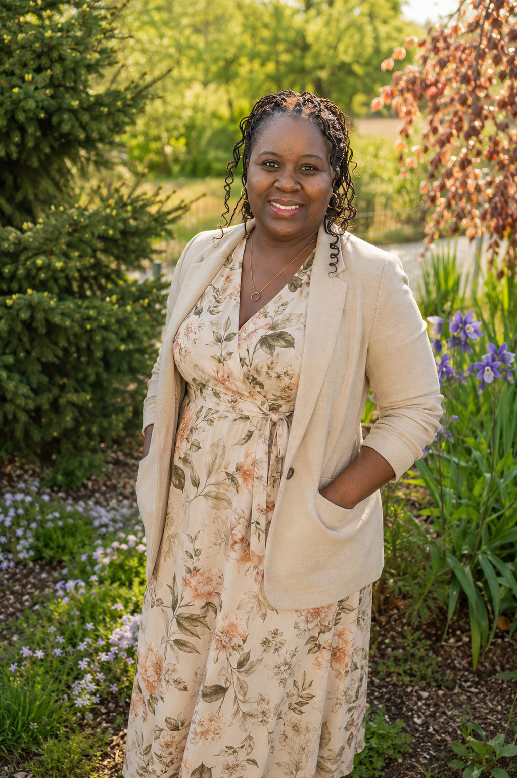A woman standing in a garden with trees and flowers, wearing a beige floral dress and blazer, smiling at the camera during daytime.