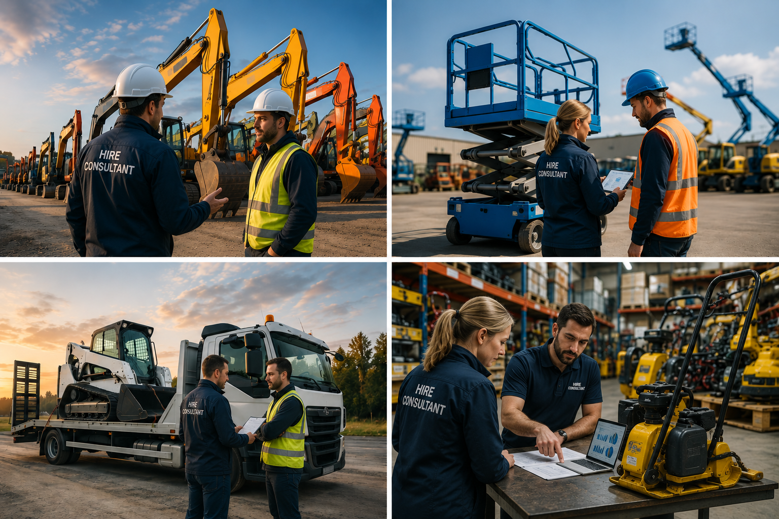 Construction site with hire consultants inspecting various heavy machinery such as excavators, aerial lift, and bulldozer, with storage shelves of equipment parts in the background.