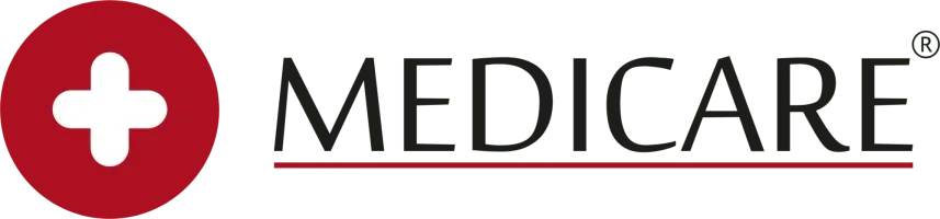 Logo with a red circle containing a white medical cross, and the words 'MED CARE' next to it.