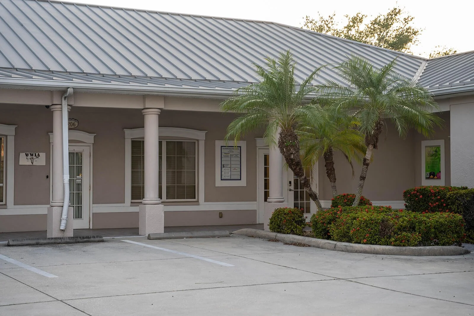 storefront with three palm trees and neatly trimmed bushes in the parking lot.
