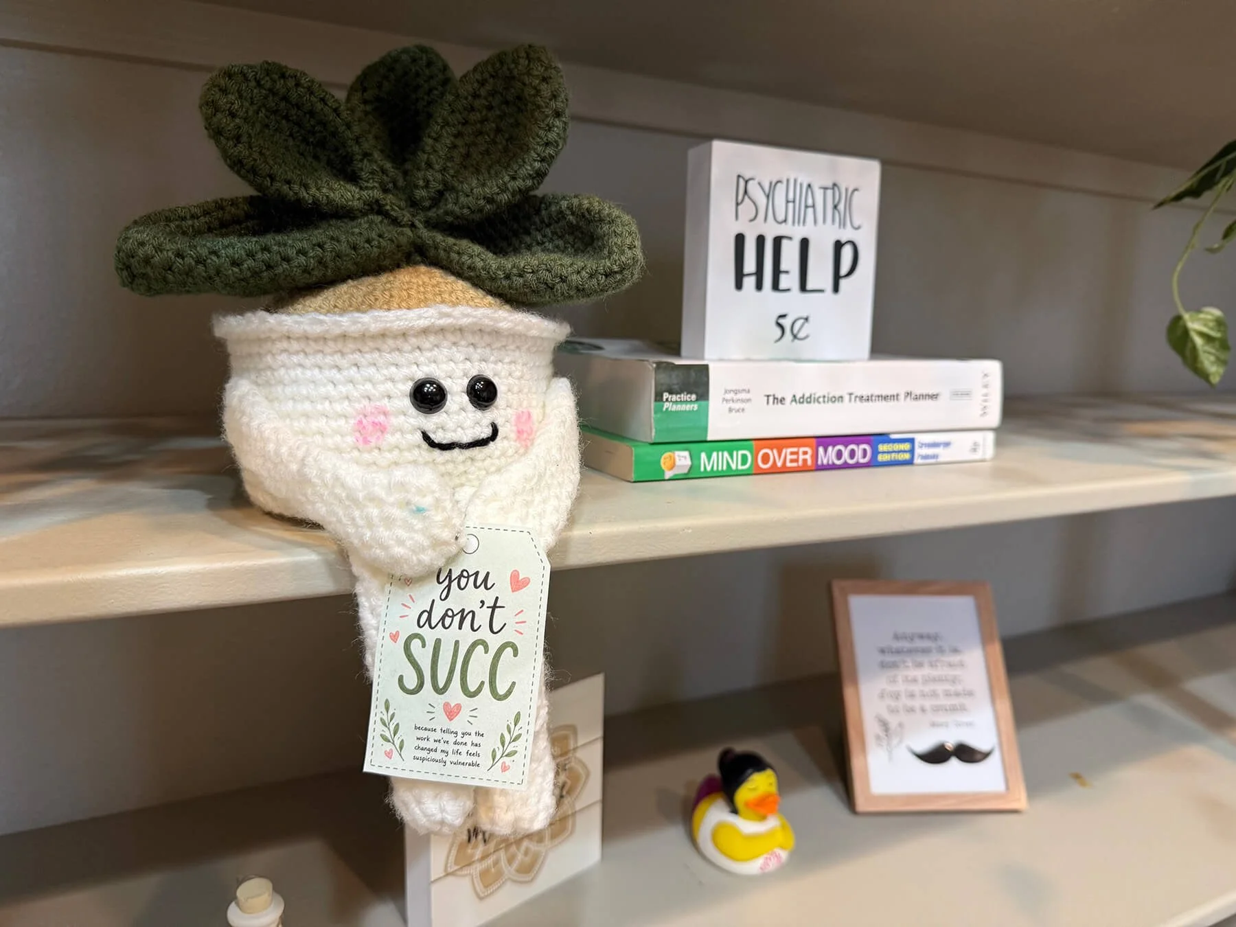 A knitted toy with a smiling face, pink cheeks, and big black eyes, designed to look like a potted plant with green leaves. A sign behind the toy advertises psychiatric help. The toy also has a tag that reads 'you don't SUCC'