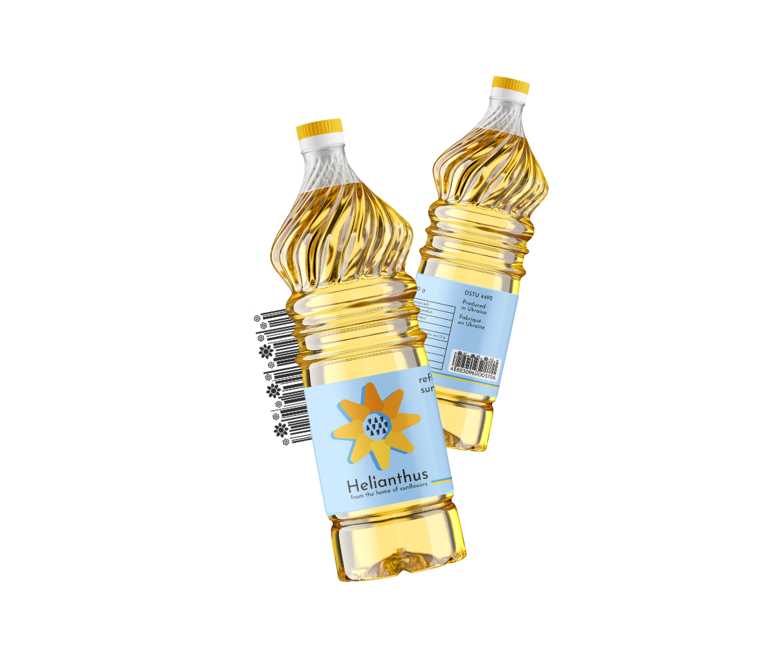 Two bottles of sunflower seed oil branded 'Helianthus' with blue labels and yellow caps, with one bottle slightly tilted, featuring barcode and product information.