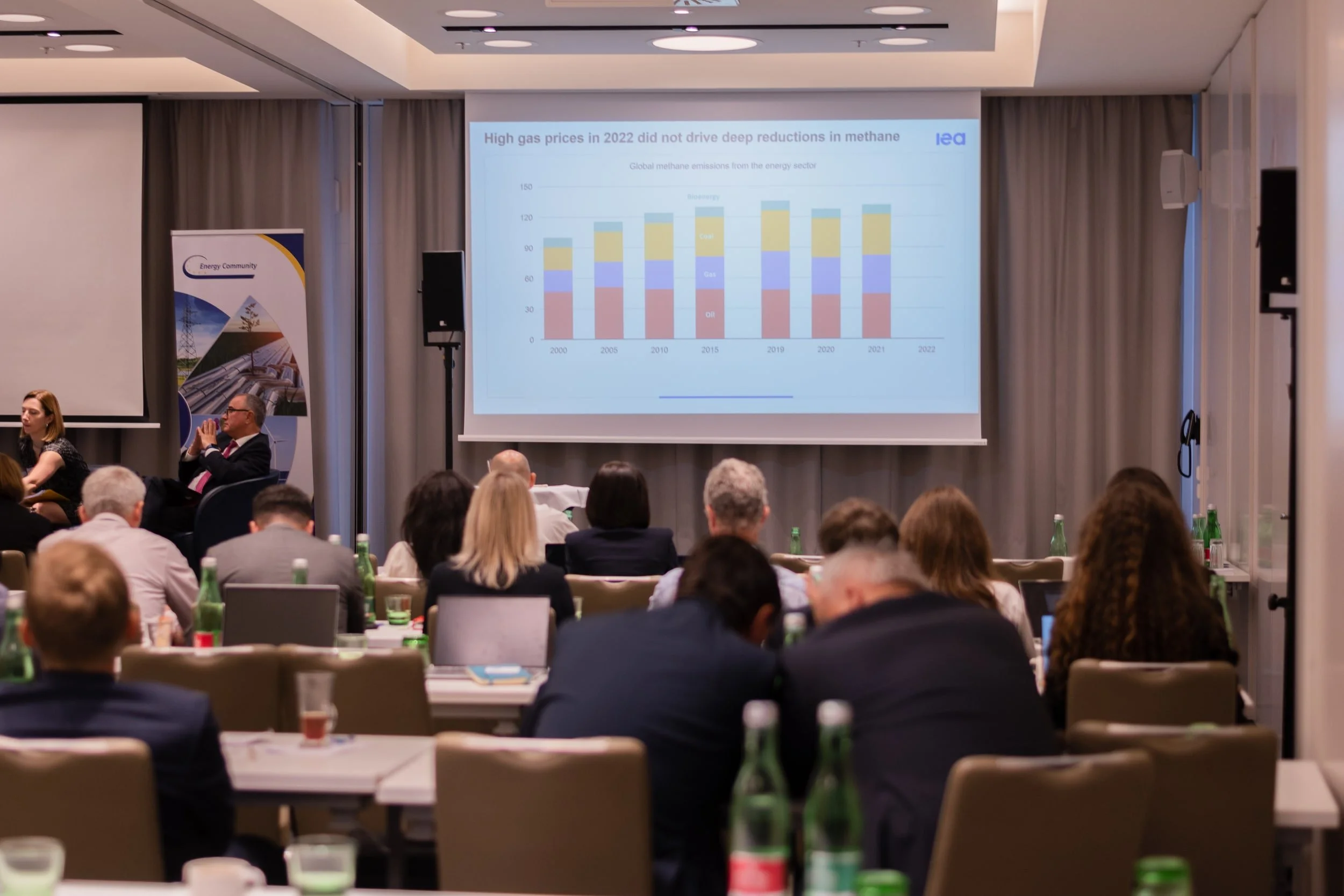 A conference room filled with attendees seated at tables, facing a large screen displaying a presentation slide with a bar graph related to global methane emissions from the energy sector.