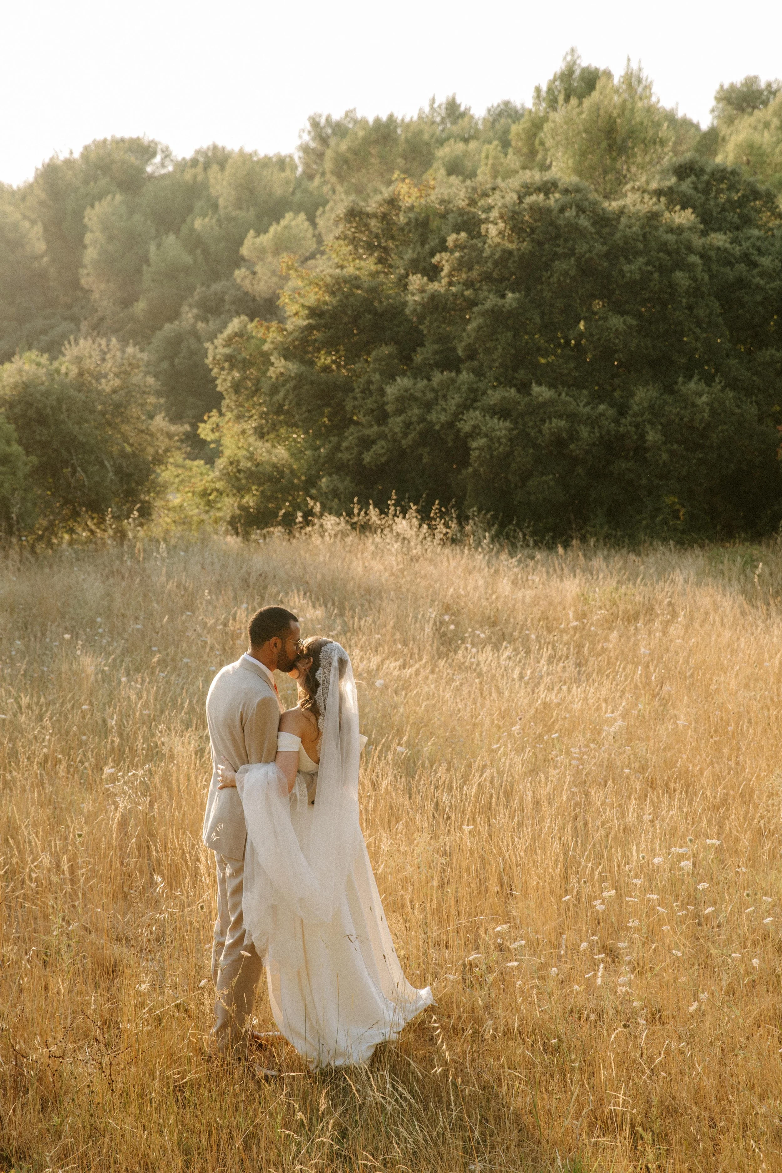 Un couple en mariage partageant un baiser dans un champ de Tall grasses lors d'un coucher de soleil, entouré d'arbres verts.