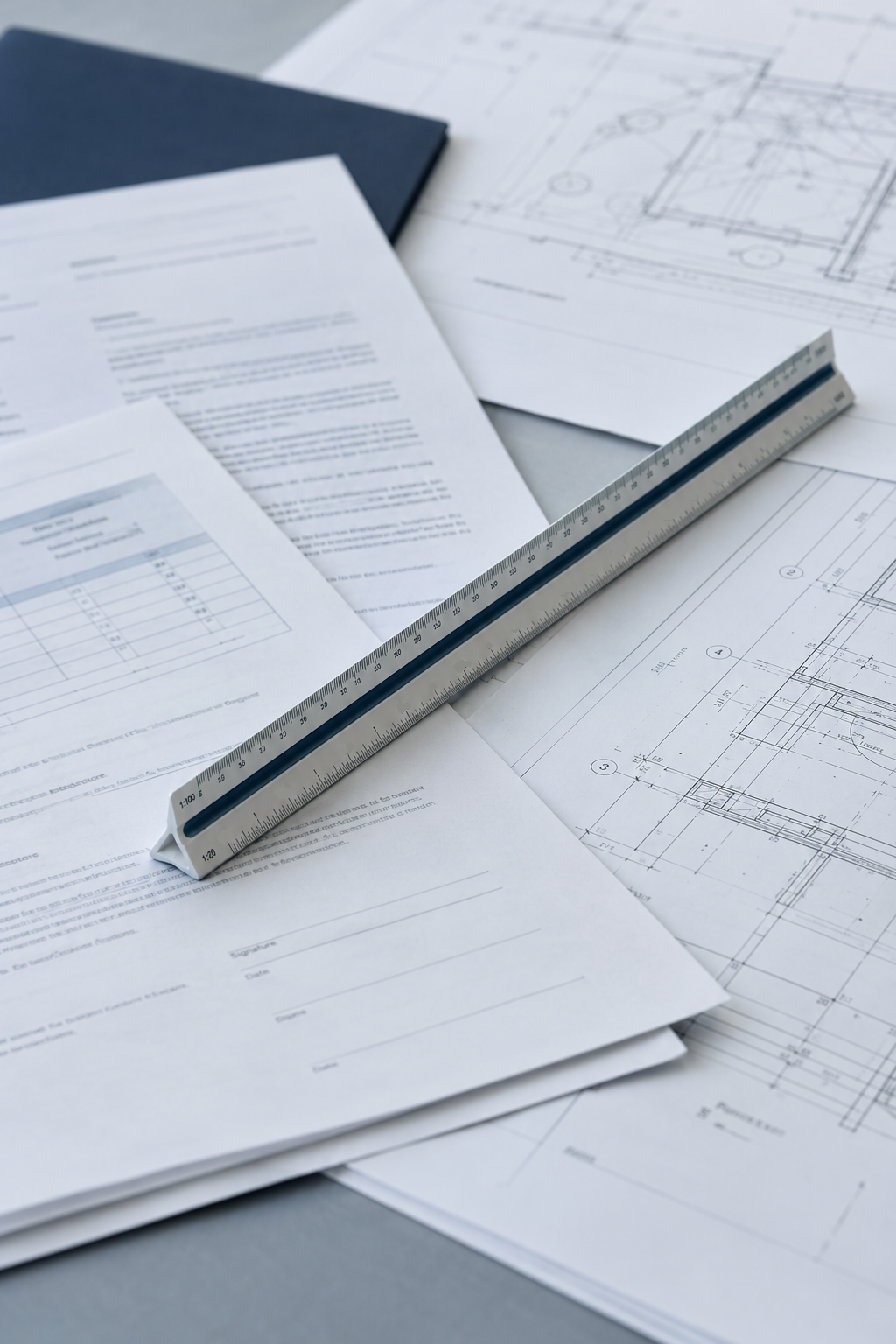 Architectural blueprints and documents with a triangular scale ruler on a desk