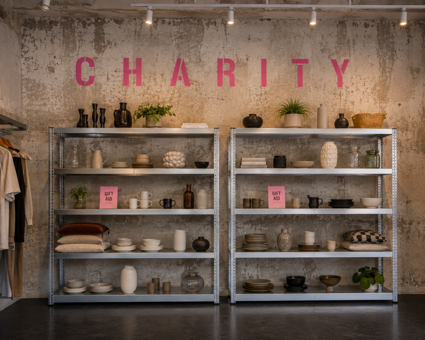 Industrial-style store display with metal shelves filled with ceramics, glassware, and decorative items; large pink letters spelling 'CHARITY' on a textured concrete wall; two pink signs reading 'GIFT AID' among the products.