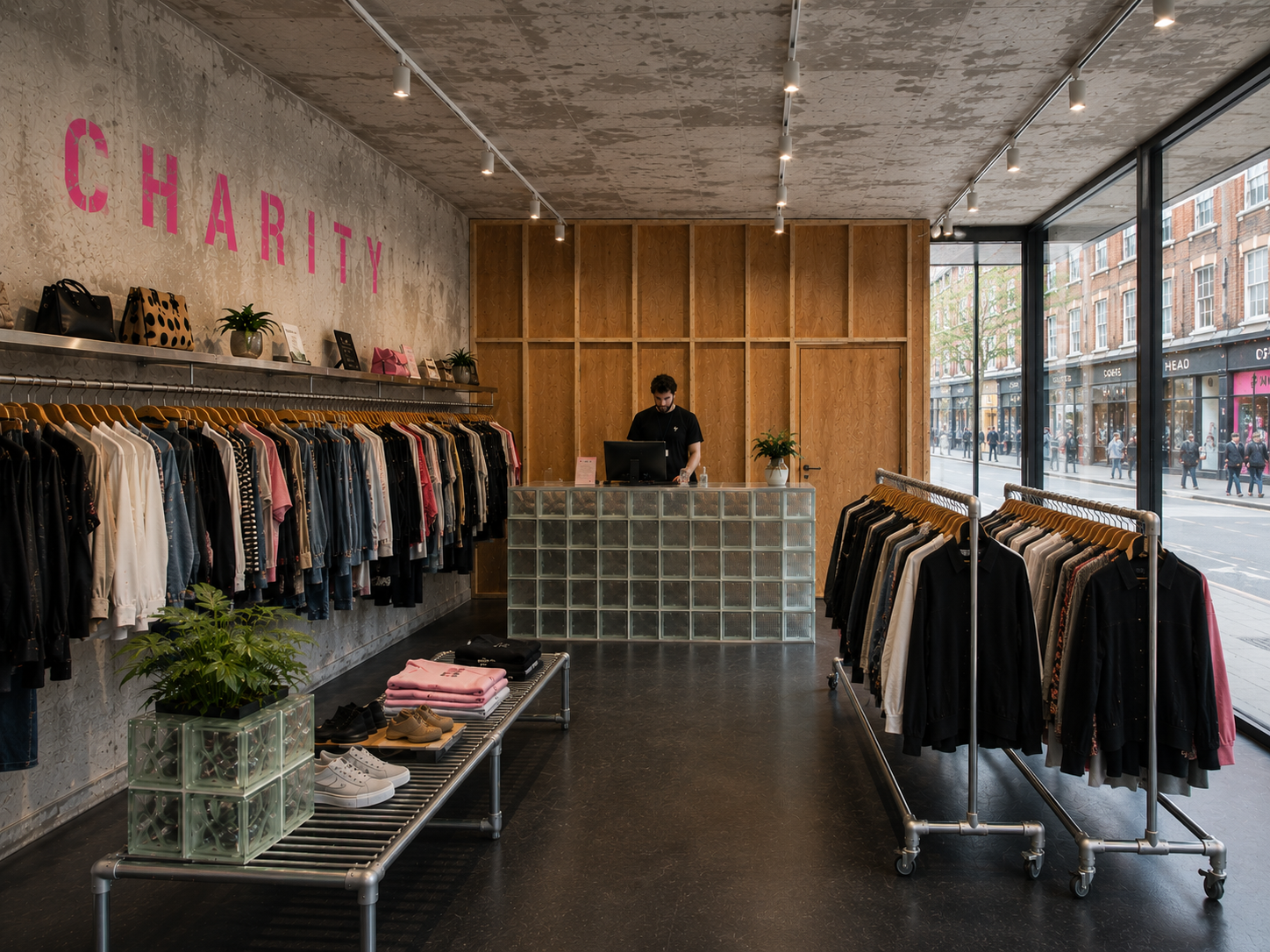 Interior of a clothing store with racks of various clothing items, a checkout counter with a cashier, large windows showing a city street, and signage that reads 'CHARITY' in pink letters on the wall.