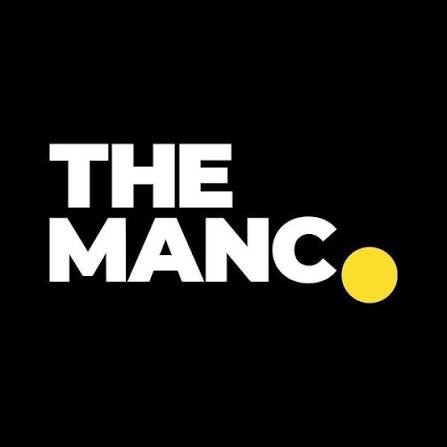Logo with the text 'THE MANC.' in bold white letters on a black background, with a yellow circle at the end.