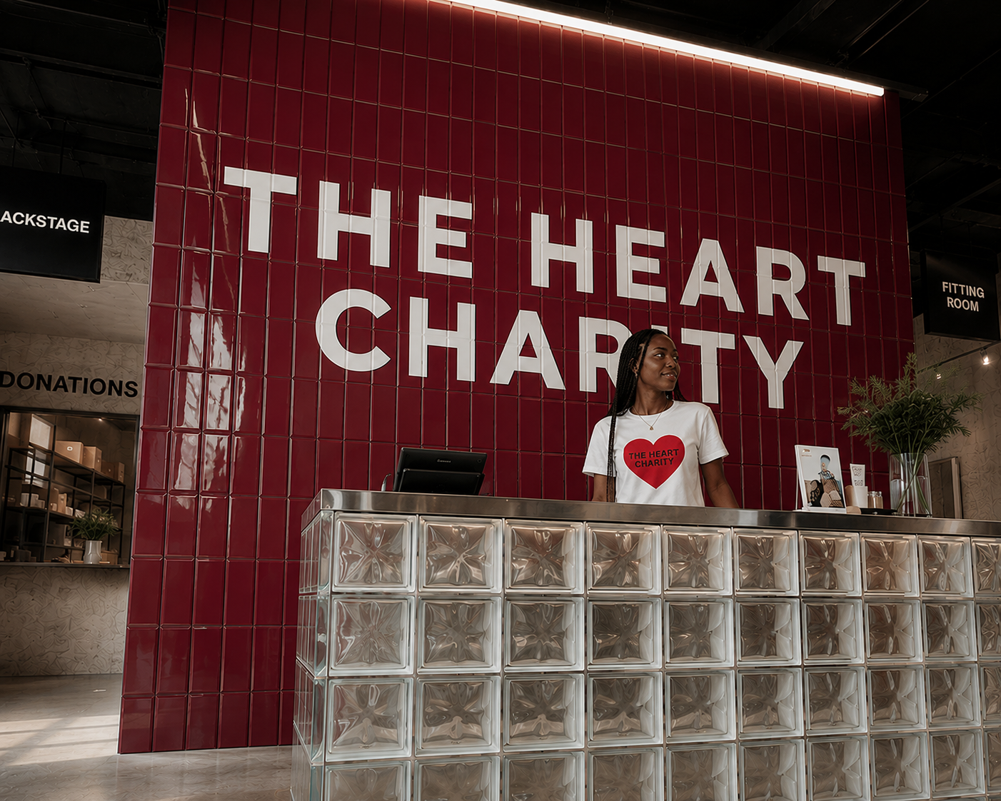 Reception desk at The Heart Charity with a woman standing behind it, large red tiled wall with white lettering spelling out 'The Heart Charity', signs for backstage and fitting room, potted plant on the right.