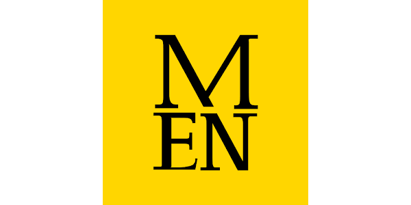 Yellow background with black text spelling 'MEN' arranged vertically
