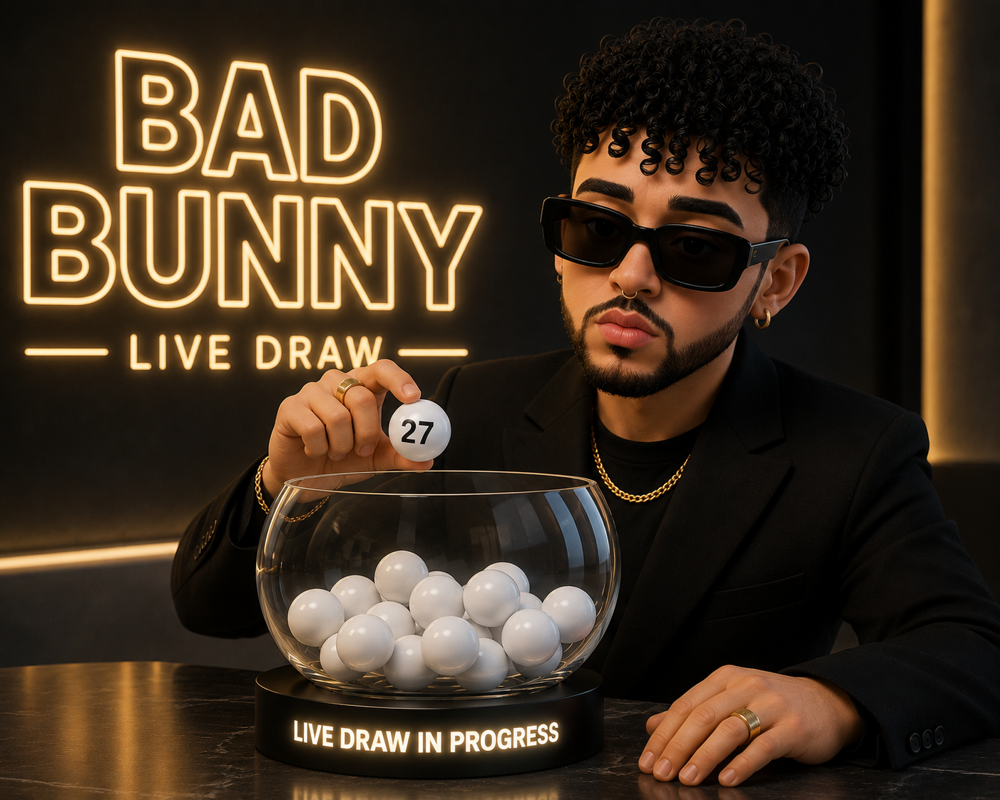 A man with dark curly hair, sunglasses, and gold jewelry holds a bingo ball with the number 27 over a glass bowl filled with white balls. Behind him, a neon sign says 'BAD BUNNY LIVE DRAW.'