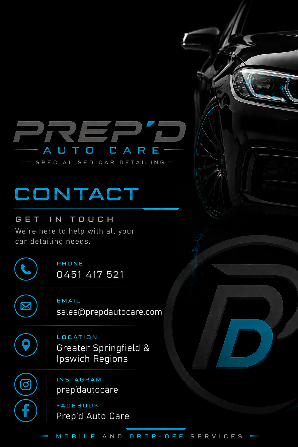 A black luxury car with modern headlights next to a vehicle repair shop banner for Prep'd Auto Care, offering specialized car detailing services, contact information, and social media handles.