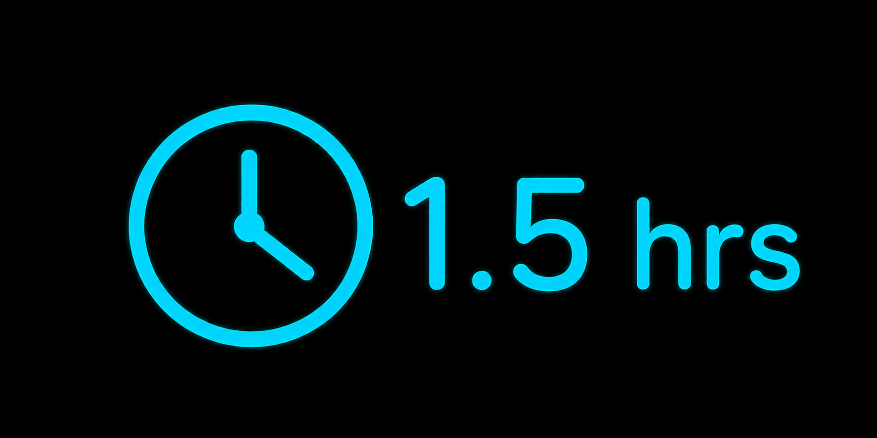 Neon sign displaying a clock and text '1.5 hrs' in blue on a black background.