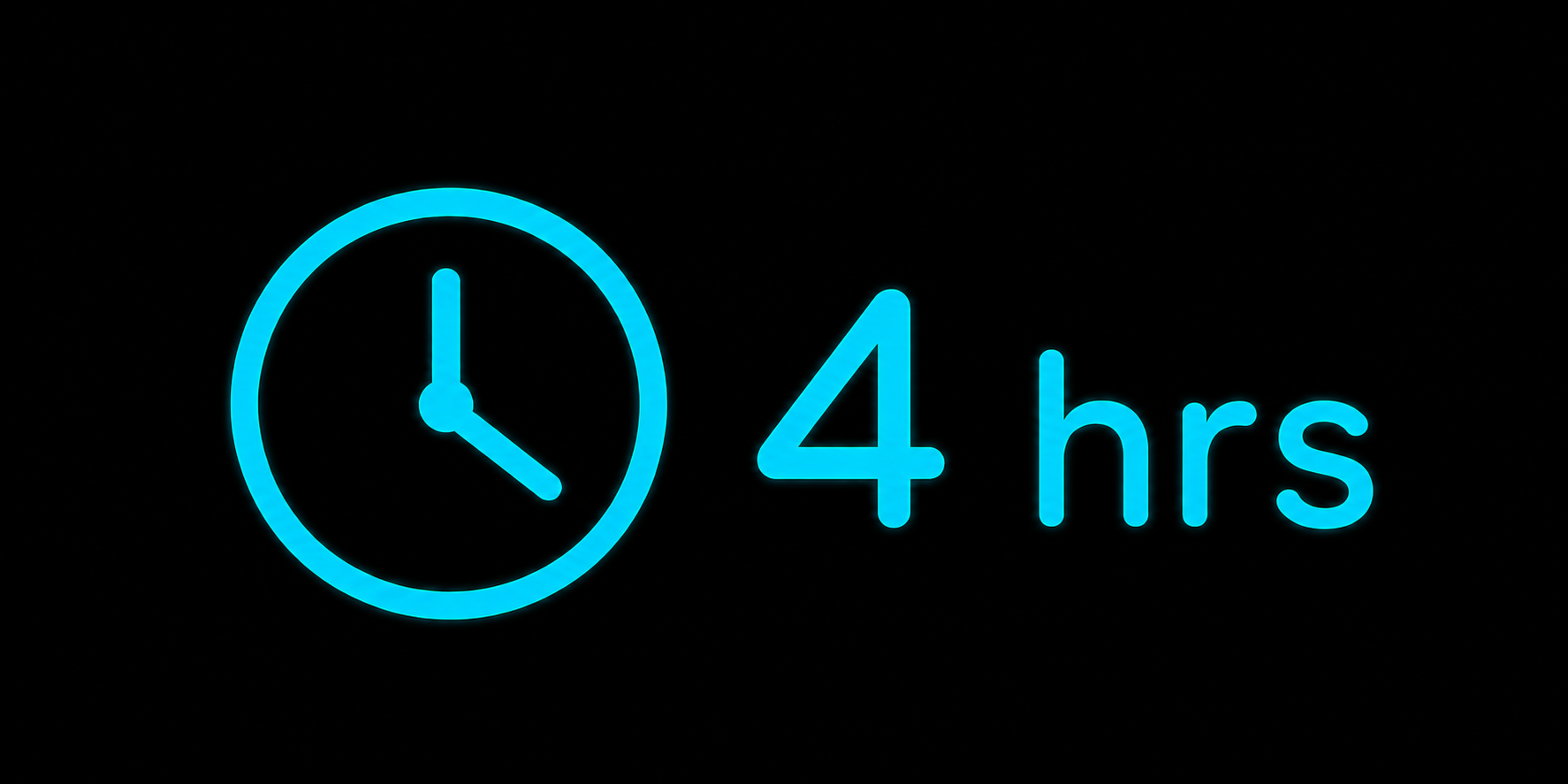 Neon blue clock with 4 hours text on black background.